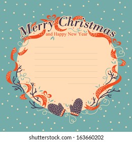 Christmas cartoon vector invitation card with mittens. Vintage christmas invitation in bright colors. Stylish postcard with new year icons. Childish background. Hand drawn vector illustration. 