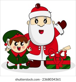 Christmas cartoon vector santa and elf and present
