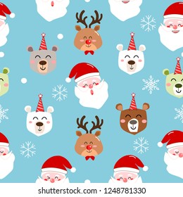 Christmas cartoon vector in winter  seamless pattern .Santa Claus,Deer,Bear,Snow flakes Animal cartoon holidays . Christmas wrapping.