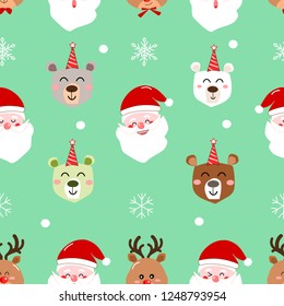 Christmas cartoon vector in winter  seamless pattern green background .Santa Claus,Deer,Bear,Snow flakes Animal cartoon holidays . Christmas wrapping