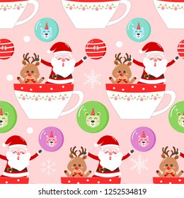 Christmas cartoon vector in winter seamless pattern  .Santa Claus,Deer,Bear,Snow flakes Animal cartoon holidays . Christmas wrapping.