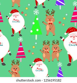 Christmas cartoon vector in winter seamless pattern green background. Santa Claus,Deer,Snow flakes Animal cartoon holidays. Christmas wrapping