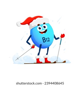 Christmas cartoon vitamin B12 character on ski for winter holiday, vector micronutrient pill. Happy healthy vitamin B12 in Santa hat on winter sport skiing in snow for Christmas or New Year emoji