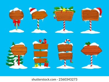 Christmas cartoon wooden signs. North pole and holiday sign boards. Vector xmas set road pointers with santa claus hats, candy canes, bullfinch and fir branches. New year holiday game wood banners