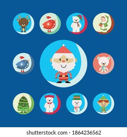 Christmas cartoons clip art set.  Cute characters of the holiday symbols – Christmas tree, presents, bird, bear, elf, snowman and Santa. Isolated on blue background.