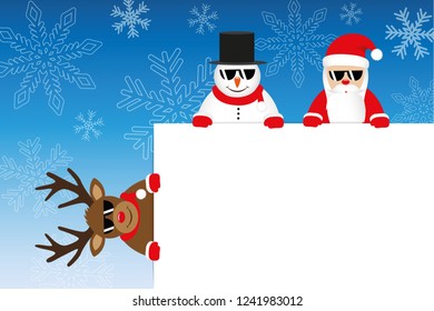 christmas cartoons reindeer santa and snowman with white notice and winter snowy background vector illustration EPS10