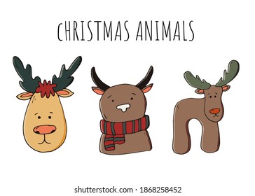 Christmas cartooon animals set, handdrawn vector illustration. Elements for greeting cards and postcards.