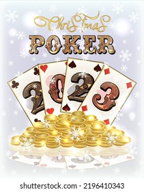 Christmas casino background with poker cards and golden coins, New 2023 year, vector illustration