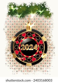 Christmas casino banner, New 2024 year. poker chip,  vector illustration