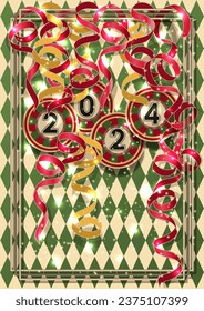 Christmas casino card, poker chip 2024 new year. vector	illustration