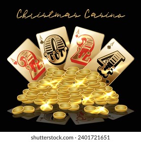 Christmas casino New 2024 Year vip wallpaper with coins and poker cards, vector illustration