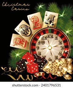 Christmas casino New 2024 Year background with poker cards, dice and roulette, vector illustration