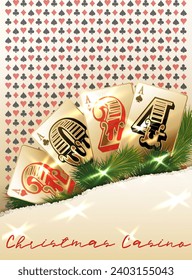 Christmas casino New 2024 year. with poker cards, vector illustration	
