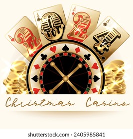 Christmas casino New 2024 Year vip banner with coins and poker cards, vector illustration