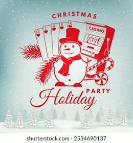 Feriado da festa do cassino de Natal. Jogos de azar vintage impressão, logotipo, design de crachá com boneco de neve, pôquer jogando cartão, máquinas caça-níqueis, cana de doces. Ilustração vetorial.