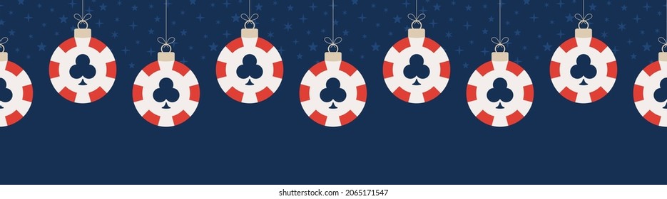 Christmas casino seamless horizontal pattern. Hang on a thread flat cartoon as a Christmas casino chip ball on blue horizontal background. Sport Vector illustration.