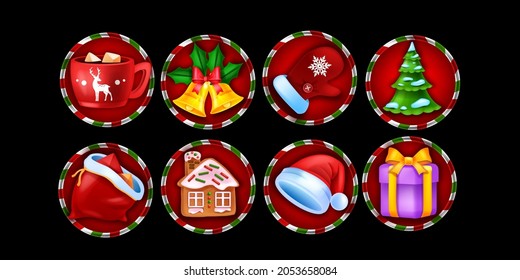 Juego de iconos de juego de tragaperras de casino de Navidad, símbolo de x-mas de vacaciones de invierno, elementos de juego en línea vectorial. Colección de insignias de regalo de Año Nuevo, campana dorada, bolsa de Santa Claus, pino. Kit de interfaz de usuario de bonus de icono de ranura