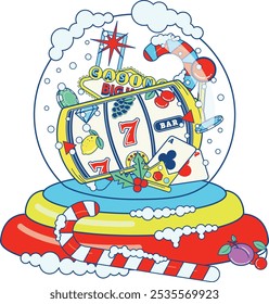 Christmas casino snow globe with play cards, Las Vegas sign, slot reel and candy canes.
