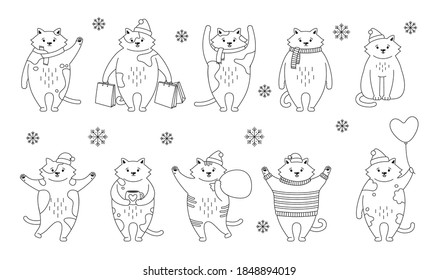 Christmas cat black line set. Collection linear kitten with gift, purchase, sweaters. New year cats in Santa Claus hats. Hand drawn doodles cartoon character. Happy New year, merry Christmas. Vector