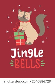 Christmas cat card. Cute funny feline with Christmas presents. Vector card design template