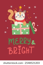 Christmas cat card. Cute funny feline with Christmas presents. Vector card design template