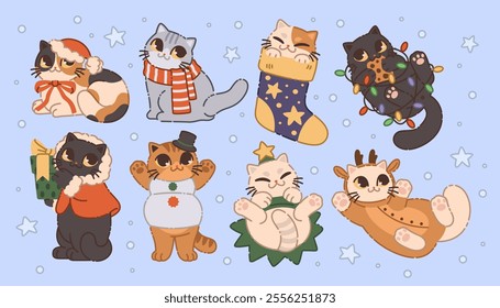 Christmas cat. Cartoon pet with Santa hat and winter scarf. Cute animal. Snow on holidays. Funny Xmas design. New Year character. Festive gift box and garland. Kitty pose. Vector baby stickers set