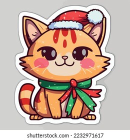 Christmas cat cartoon sticker, xmas kitty stickers elements. New-year collection