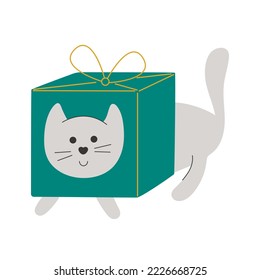 Christmas cat character in box. Funny kitten is playing. Playful cat with gift box isolated vector illustration