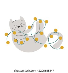 Christmas cat character. Funny kitten plays with garland. Playful cat isolated vector illustration