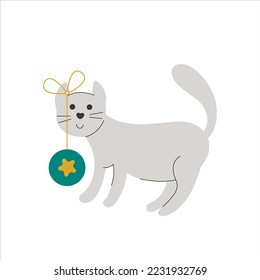 Christmas cat character. Funny kitten plays with Christmas ball. Playful cat isolated vector illustration