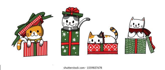 Christmas Cat Collection. Happy cats inside gifts box. Christmas seasonal. Isolated hand drawn vector.