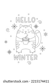 Christmas cat coloring page for children and adults. Black and white linear vector illustration with a winter cat holding a cup of hot drink in his hands. Expanded stroke. 