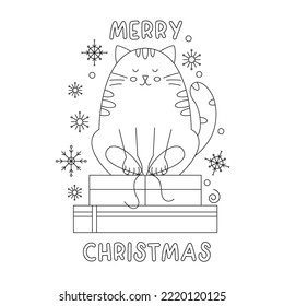 Christmas cat coloring page for children and adults. Black and white linear vector illustration. A cute cat sits on gift boxes, symbol of the year. Expanded stroke. Merry christmas.