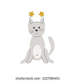 Christmas cat cute baby character. Gray cat with stars isolated vector illustration. Funny pet. New Year kitten clipart