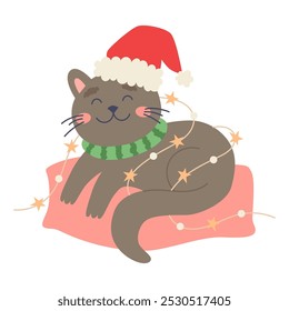 Christmas cat. Cute feline with Santa hat laying on a pillow. Vector character in flat style