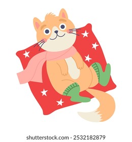 Christmas cat. Cute festive feline laying on a pillow. Vector character in flat style