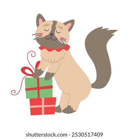 Christmas cat. Cute funny feline with Christmas presents. Vector illustration in flat style