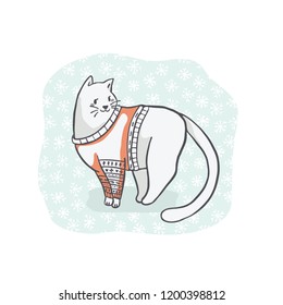 Christmas Cat in Embroidery Sweater Clipart, Hand Drawn Cat Lover Illustration for Winter Fashion Prints, Holiday Stationery, Xmas Decor, Greeting Cards, Party Invitations, Trendy Nordic Pet Gifts