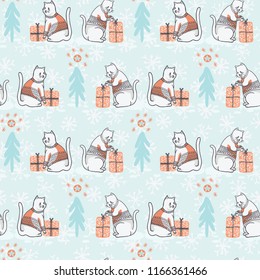 Christmas Cat in Embroidery Sweater Seamless Vector Pattern, Drawn Present Boxes Illustration for Winter Fashion Prints, Holiday Stationery, Xmas Decor, Gift Wrap,  Cat Lover Backgrounds, Trendy Yule