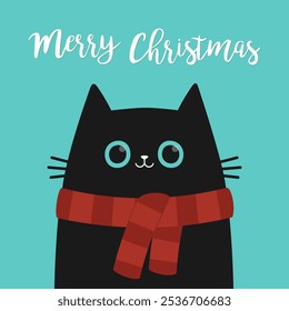 Christmas cat face with big blue eyes. Kitten wearing red scarf. Black silhouette icon. Funny kawaii animal. Cute cartoon pet baby character. Childish style. Flat design. Blue background. Vector