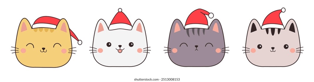 Christmas cat face icon set. Red Santa Claus hat. Cute kitten head. Cartoon kawaii funny character. Contour line doodle. Different emotions, colors. Sticker print. Flat design. White background Vector