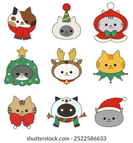 Christmas cat face icon set with outline
