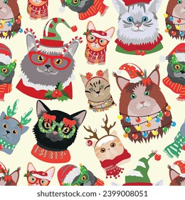 Christmas cat face seamless pattern.Vector holiday background.Cat face