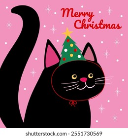 Christmas Cat with Festive Hat. Cute black cat wearing a Christmas tree hat with colorful decorations. "Merry Christmas" text on a pink background with snowflakes and stars. Vector illustration 