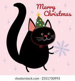 Christmas Cat with Festive Hat. Cute black cat wearing a Christmas tree hat with colorful decorations. "Merry Christmas" text on a pink background with snowflakes and stars. Vector illustration 