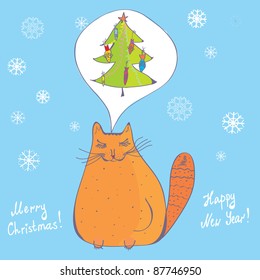 Christmas cat with fir tree card