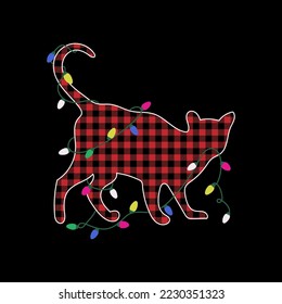 Christmas cat with garland. Cute cat with a pattern plaid and colorful garland on it. Vector illustration.