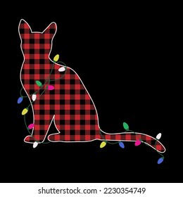 Christmas cat with garland. Cute cat with a pattern plaid and colorful garland on it. Vector illustration.