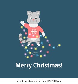 Christmas cat with garland on blue background