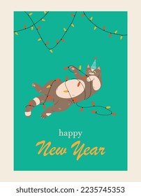 Christmas cat with garland. Playful and active kitten in hat looks at decorations for apartment and house. Symbol of winter holidays, New Year and Christmas. Cartoon flat vector illustration